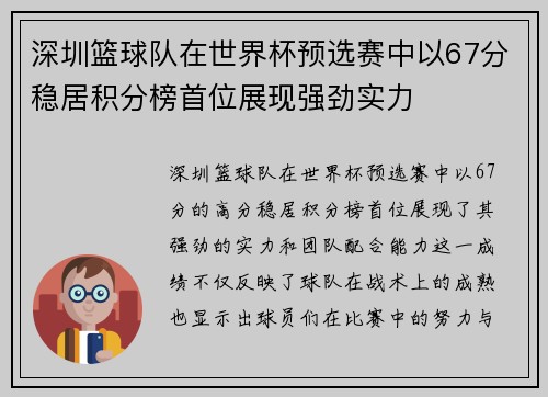 深圳篮球队在世界杯预选赛中以67分稳居积分榜首位展现强劲实力